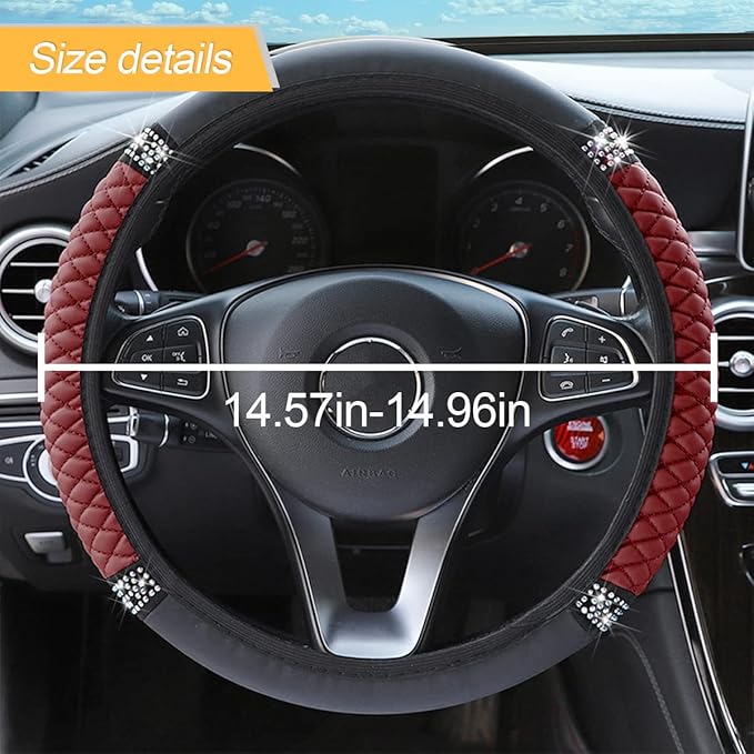 LoyaForba Bling Soft Leather Steering Wheel Cover, 15 Inch Colorful Rhinestones Auto Elastic Steering Wheel Protector, Sparkly Crystal Diamond for Women Girls, Car Accessories for Most Cars (Wine Red)