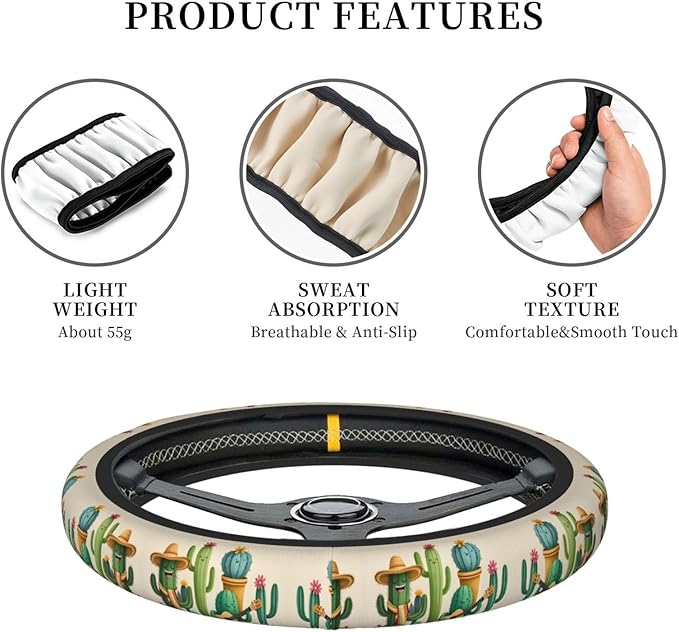 Funny Cactus Neoprene Steering Wheel Covers Women Men Car Accessories, Universal 15 Inch Fit Auto, Suvs, Truck