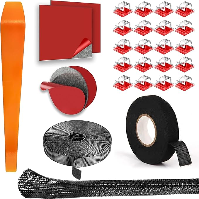 YKT Dash Cam Cable Management Kit, 20 Clips, 4P Dash Cam Adhesive Pad Replacement, 9.8ft Reusable Cable Ties, 49ft Cable Sleeve, Adhesive Foam Sheets, Vehicle Wire Organizer
