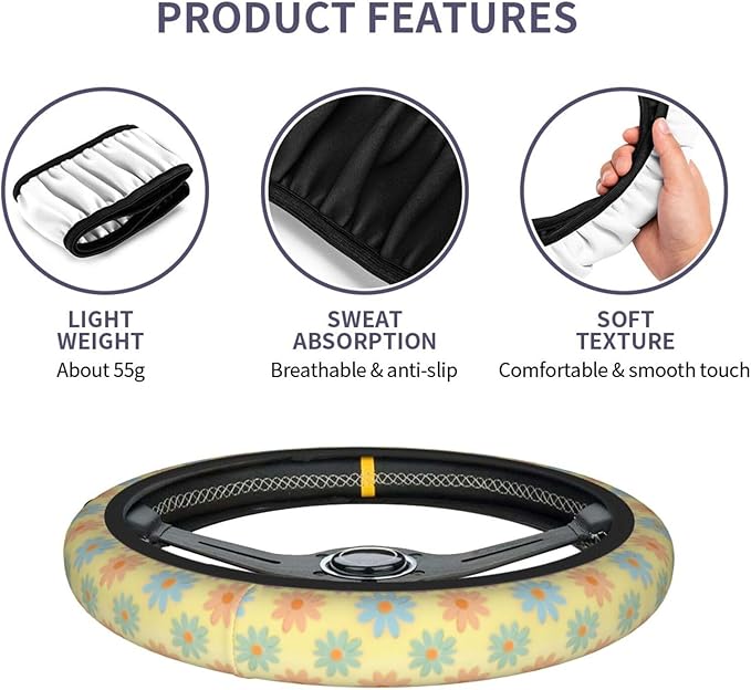 Flowers Cute Steering Wheel Cover Non-Slip Breathable Sweat-Absorbent Suitable for SUV Van Truck Car Universal Protection Accessories 15 Inch Suitable for Women Men
