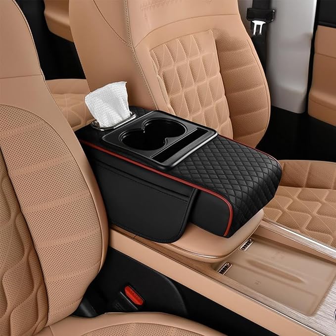 Car Armrest Cushion for Honda Pilot 2023 2024 2025, Leather Arm Rest Cover Center Console Armrest Pillow Armrest Storage Box Pad Multifunctional Accessories Interior Organizers,B/Black-Red