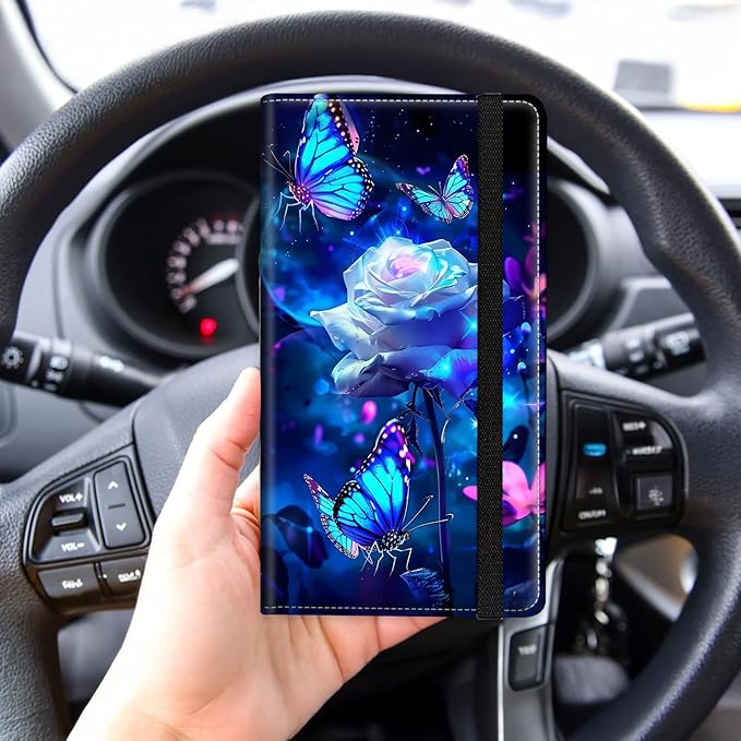 Tudguiloae Car Registration and Insurance Card Holder, Trunk Document Holder Organizer, Essential Vehicle Glove Box Organizer Leather Wallet for Driver, Purple Roses Butterflies
