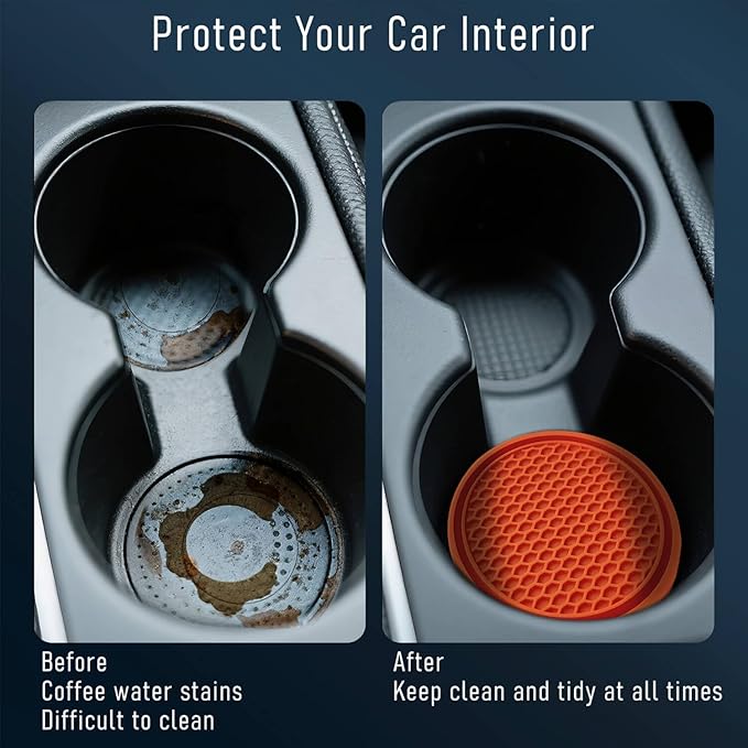 KULOLO Car Cup Holder Coaster 4 Pack - Non Slip & Shockproof,Flexible PVC Rubber Insert for Car/Truck/SUV/Van (2.75"x0.2") Universal Fit Auto Cup Holders Accessories for Women and Man (Orange)