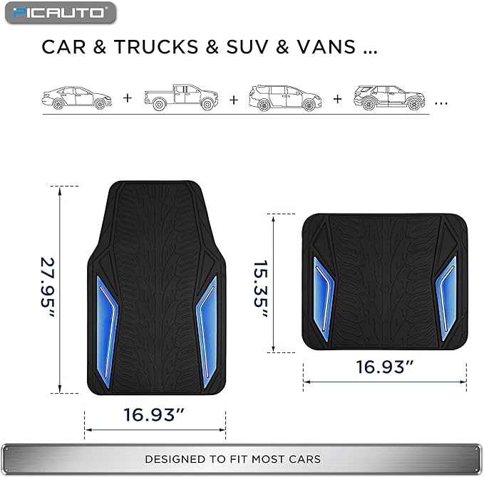 PIC AUTO Rubber Floor Mats, Blue Aluminum Film with Colorful Piping Floor Mats for Cars, Car Mats with Non-Slip Backing, All-Weather Protection, Trim-to-Fit Liner for Cars, SUVs, Trucks, Vehicles