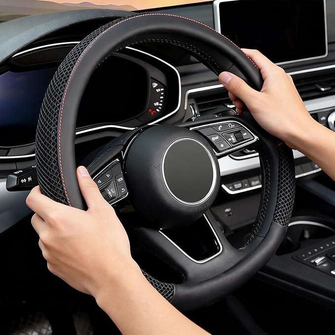 KAFEEK D Shape Steering Wheel Cover, Universal 15 inch, Microfiber Leather Viscose, Breathable, Anti-Slip,Warm in Winter and Cool in Summer, Black