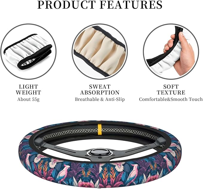 Tropical Prints Neoprene Steering Wheel Covers Women Men Car Accessories, Universal 15 Inch Fit Auto, Suvs, Truck