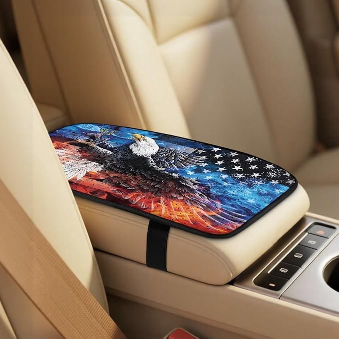 Qeluxign 5-Piece Car Accessories Set Universal Fit PU Leather Seat Covers Seatbelt Pads and Armrest Cover for Cars, Trucks, SUVs,Flame Eagle American Flag