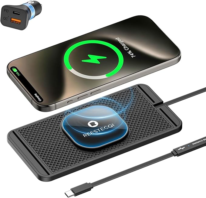 Magnetic Wireless Car Charger Pad, REESTECQI 15W Wireless Charging Pad for Magsafe Charger Non Slip Type C with 40W Car Charger for iPhone 17/16/15/14/13/12, Airpods (30CM Cable)