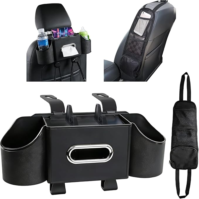 Back Seat Car Organizer with Car Seat Storage Hanging Bag, 4 in 1 Multifunctional Car Seat Back Storage Box, Car Organizer Back Seat with Tray, Hold Phone,Snacks, Drinks, Handbag