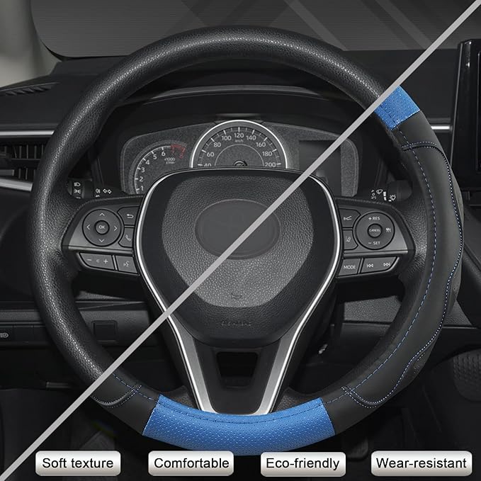 West Llama 3D Texture Steering Wheel Cover for Toyota, Anti-Slip Design, Premium Leather, Custom Fit for 14.5-15 inch, Stylish Interior Decoration(Blue+Black-Standard Size)