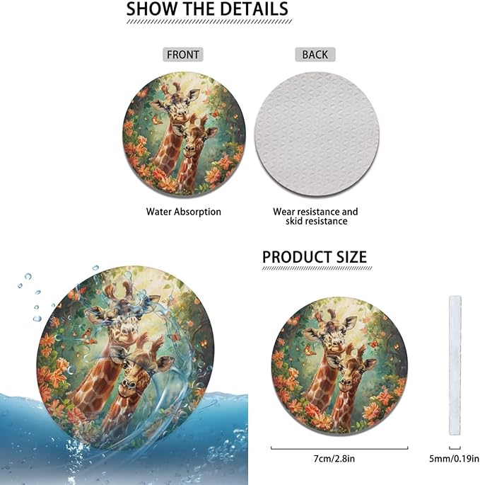 Animal Giraffe Car Steering Wheel Cover Set for Men Women Funny Car Interior Decor Cup Coaster Handbrake Cover Suit for Most Cars Truck Vans SUV
