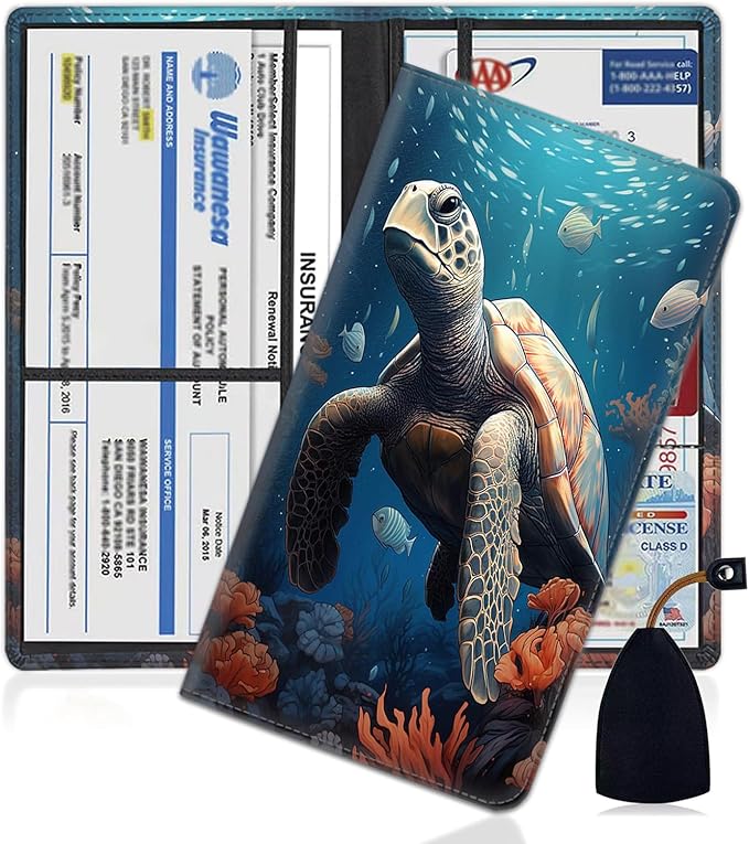 Yuxcfhjfe Car Registration and Insurance Holder, PU Leather Auto Document Holder for Men&Women, Vehicle Glove Box Compartment Organizer with Magnetic Shut for Driver's License, The Sea Turtle Pattern