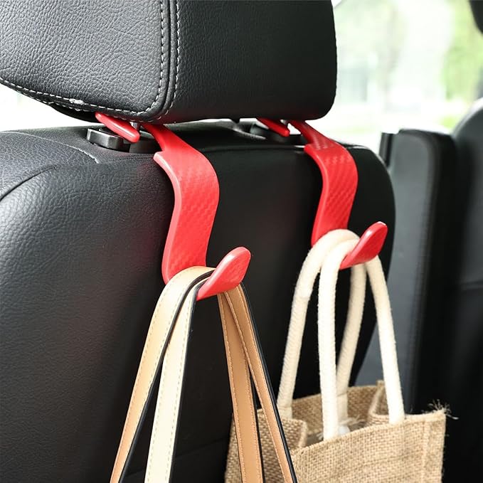 Hanemia 4PCS Car Seat Headrest Hooks, Auto Back Seat Hanger Holder, Durable Stylish Vehicle Organizer Universal Car Interior Accessories, Storage Hooks for Purses, Bags, Clothes (Carbon Fiber/Red)