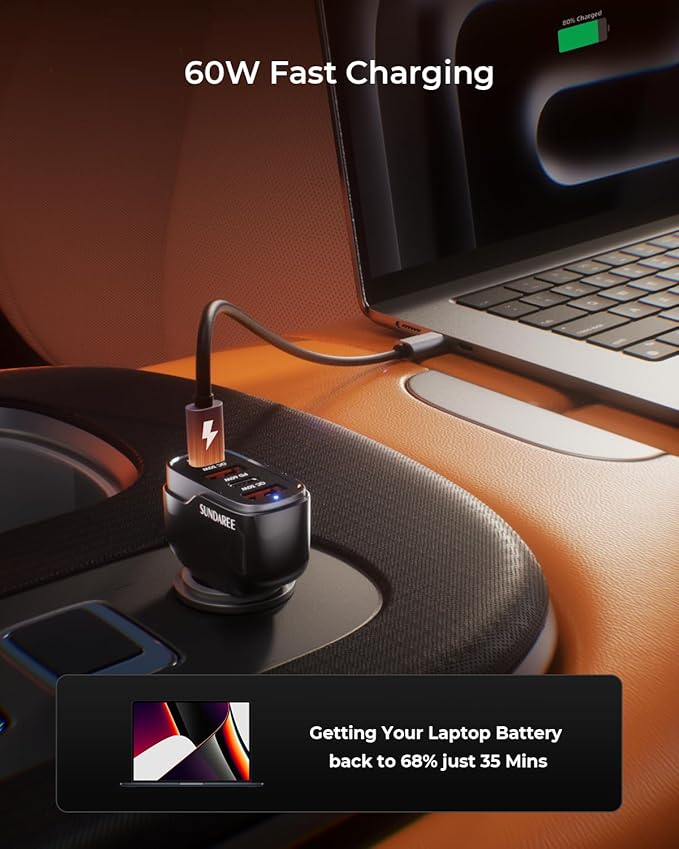 USB C Car Charger, 120W 4 Ports Super Fast Car Charger Adapter, Dual USB-C & USB-A PD60W/QC30W Fast Charging Cigarette Lighter for iPhone 17/16/15/14/13, Samsung Galaxy S25 Ultra/S24, Pixel, Android