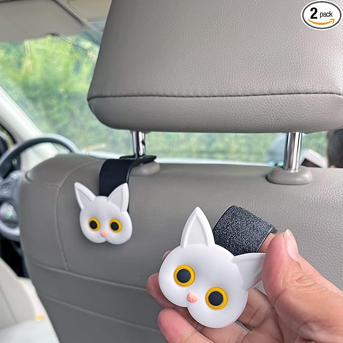 Cute Cat Hooks Cartoon Hanger Purse Hook Holder Car Storage Organizer Universal Car Seat Headrest Storage Hanger for Hanging Handbag Grocery Bags(White)