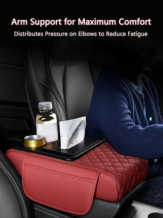 Car Center Console Cover for Lucid Gravity – 5-in-1 Leather Armrest Cushion Pad with 2 Storage Bags, Holds Cups, Phone, Tissues, Car Interior Accessory,B Brown