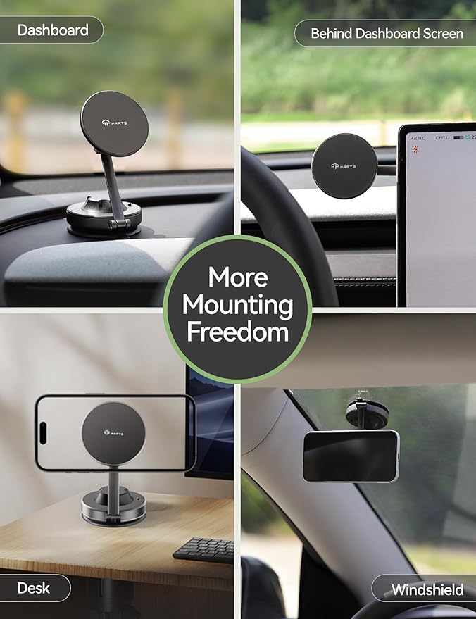 TPARTS Vacuum Suction Magnetic Phone Holder for Tesla Model Y/3/X/S, Upgraded Suction Cup Car Mount with 360°Rotation and Retractable Phone Holder