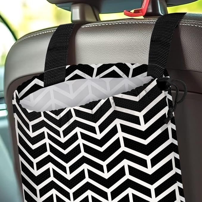 GEGEPINK Car Trash Bag Hanging Back of Seat Waterproof Small Cute Printed One-Handed Strap Drawstring Garbage Bags for Car-Black White