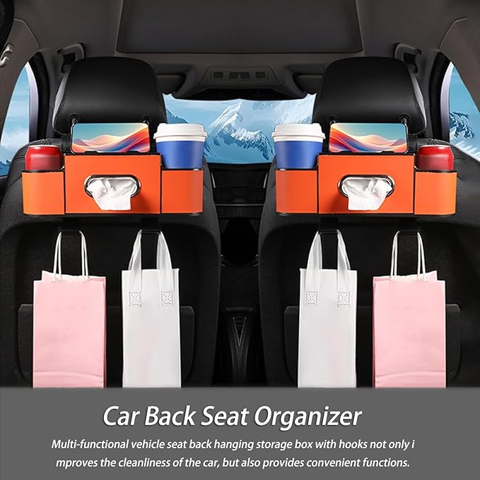 pupken Car Organizers and Storage Box, Car Organizers and Storage Box Behind Set, 4 in 1 Multifunctional Cars Organizer and Storage Back Seat for Hold Phone, Drinks, Handbag, Universal Fit (Orange*1)