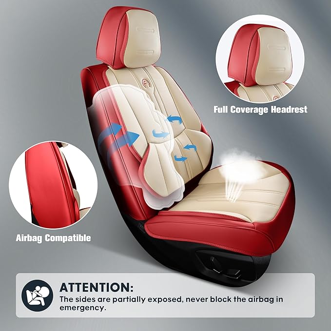 AOOG Car Seat Covers Full Set, Leather Seat Covers for Car, Waterproof Car Seat Protector with Lumbar Support, Automotive Seat Covers Universal Fit for Most Cars SUV Trucks (Full Set, Red)
