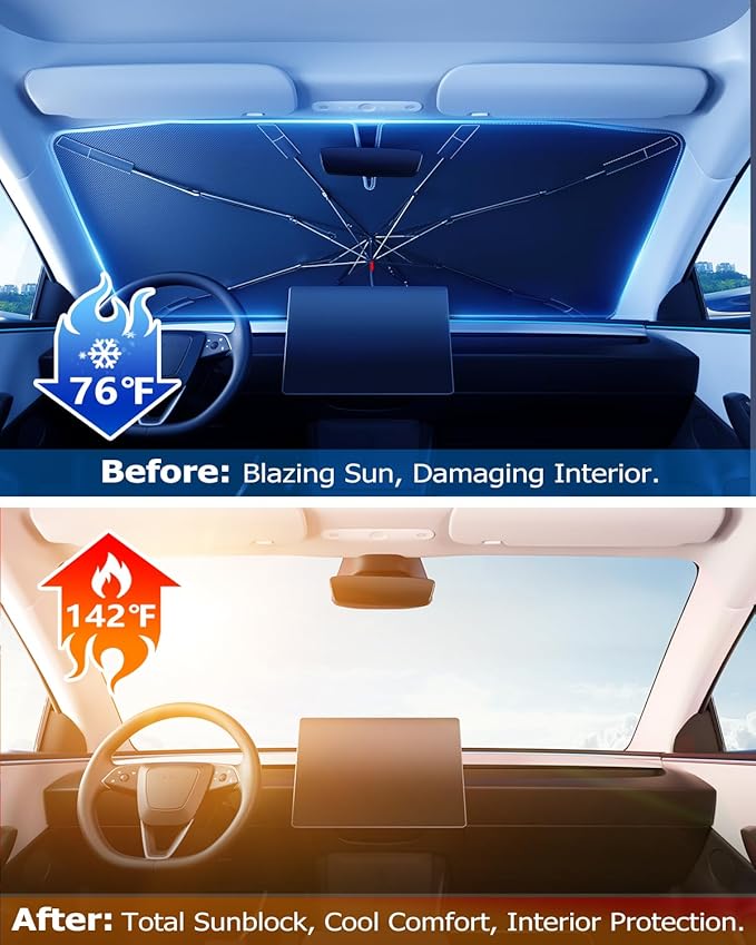 [2025 Upgrade] Doogoocoo Windshield Sun Shade [Ice-Crystal Cooling & 100% UV Block]-UPF50+ Heat Shield | Keep Car Cooler & Protect Interior, Foldable Car Sunshade with Reflective Coating (52"x31")