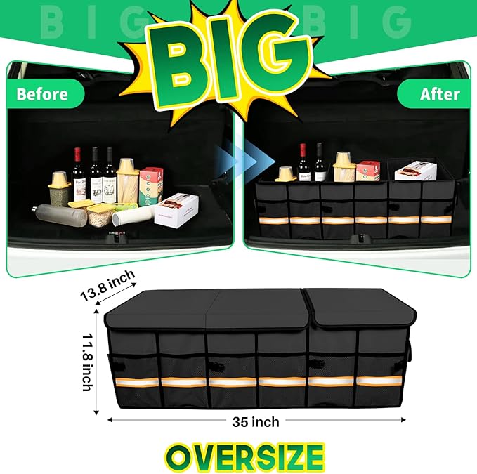 LI LIBZAKI Trunk Organizer Cargo Organizer Trunk Storage Waterproof Collapsible Durable Multi Compartments-((Oversize,Black)