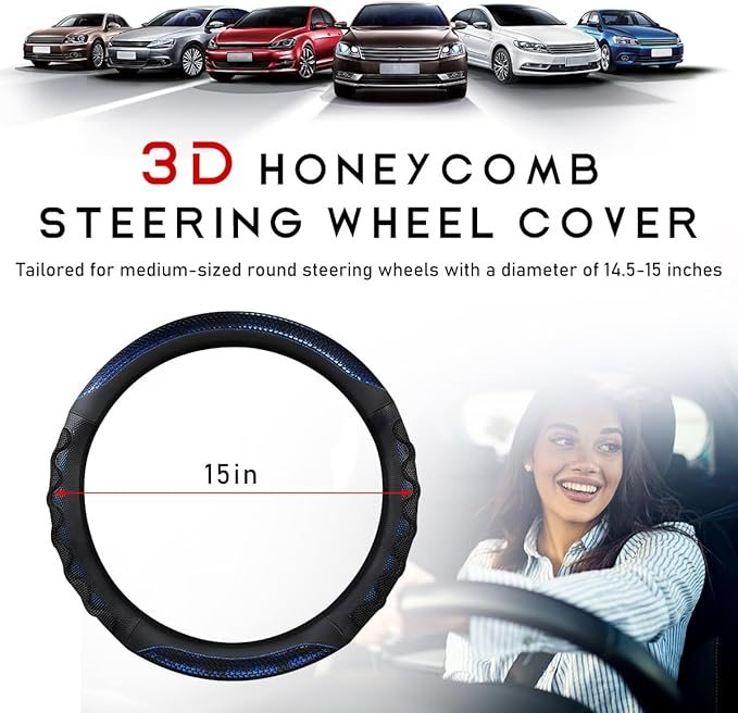 Car Steering Wheel Cover, 15 Inches 3D Honeycomb Design Car Steering Wheel Protector with Comfy Grip, Breathable Anti-Slip D-Shaped Steering Wheel Sleeve for Most Vehicles (Blue,Round)