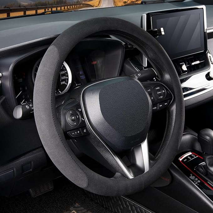 COFIT 15 inch Microfiber Suede Car Steering Wheel Cover, Universal Anti-Slip Grip Protector for SUV Truck, Black & Grey