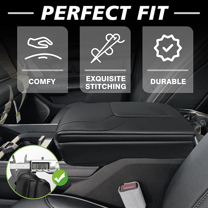 Muslogy Center Console Armrest Cover for Dodge Ram1500 2500 3500 2019-2025 Comfort Armrest Pad Arm Rest Cushion Vegan Leather Protector 1-Inch Extra Thick(Bucket Seat ONLY, NO Limited,Laramie)