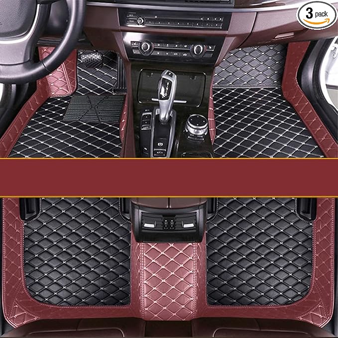 KaiLaiCarCustom Automotive Car Floor Mats for 99.99% Sedan SUV Sports Car Men Women Protection Full Coverage Pads Anti-Slip Leather Floor Lining… (Wine Red+Black Beige)