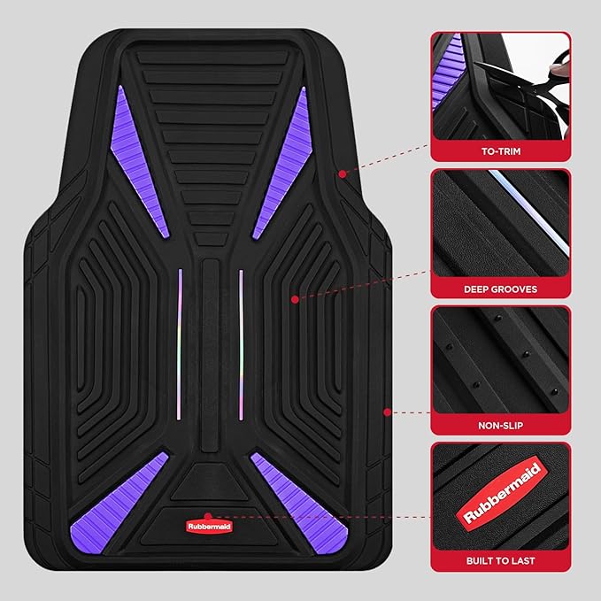 Rubbermaid Car Mat Full Set, Universal Trim-to-Fit Heavy-Duty Car Floor Mats – 4-Piece Set for All Weather Protection – Durable Rubber Mat for Cars, Trucks, SUVs & Vans-Purple
