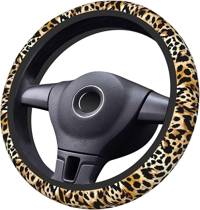 Leopard Print Neoprene Steering Wheel Cover Anti-Slip Elastic Cheetah Print Steering Wheel Protector 15in Universal Car Accessories Fit Cars, SUVs, Auto