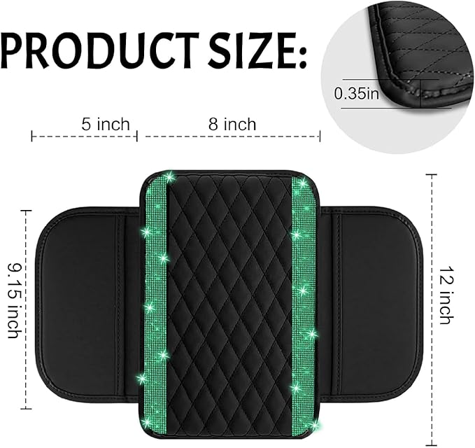 Bling Car Center Console Cover, Leather Car Arm Rest Cover Cushion with 2 Storage Bags, Universal Auto Armrest Protector Storage Box, Bling Accessories Interior for Most Vehicles (Green Diamond)