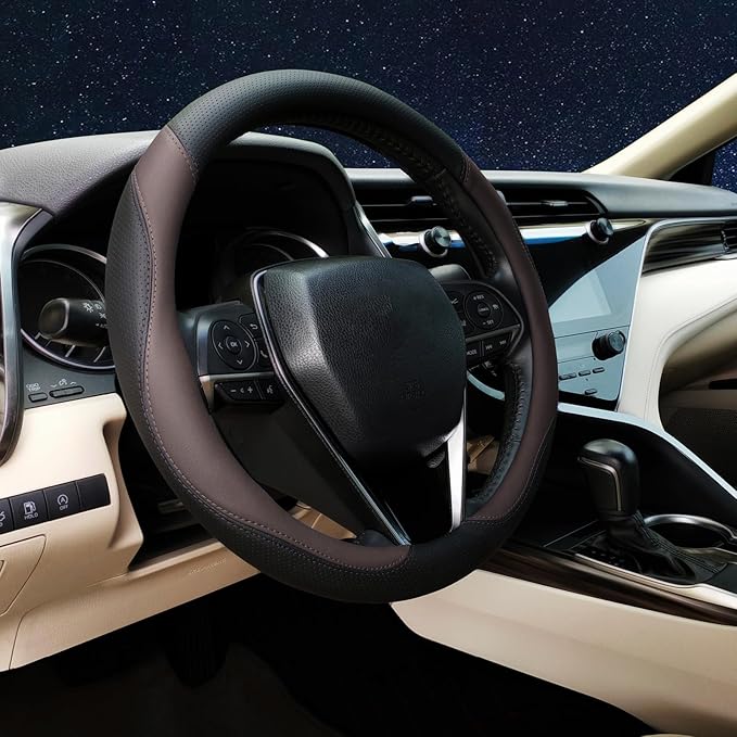 Mihecor Steering Wheel Cover Standard Size 14.5-15 inch, Breathable Microfiber Leather, Anti-Slip, Soft Grip, Fits Most Cars, SUVs, and Trucks, Black and Chocolate Brown