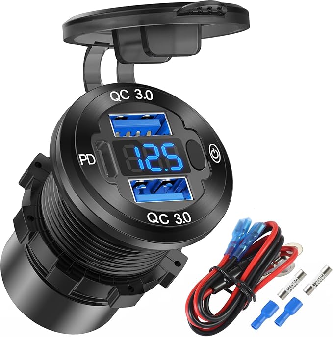 12V USB Outlet Wire Aluminum Car Charger Multi Port, Dual USB Quick Charge 3.0 Port and PD USB C Socket with Voltmeter Switch for Car Boat Marine Truck RV, Fast Charge for iPhone iPad Android Phones