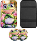 JANENFNA Car Armrest Cover Pads Universal Fashion Cute Auto Center Console Armrest Cover Pad with 2PCS Car Coasters Soft Waterproof Car Armrest Seat Protector for Women,Pink Flower Frog