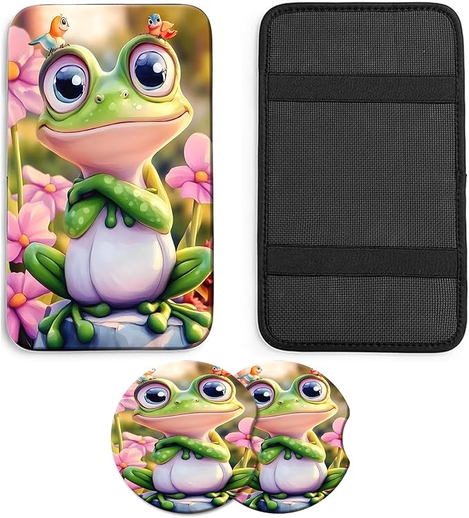 JANENFNA Car Armrest Cover Pads Universal Fashion Cute Auto Center Console Armrest Cover Pad with 2PCS Car Coasters Soft Waterproof Car Armrest Seat Protector for Women,Pink Flower Frog