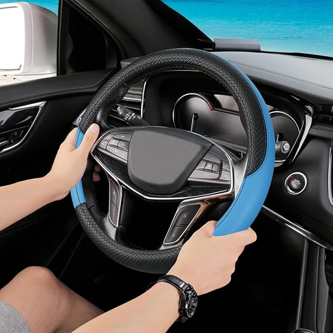 Black & Blue Car Steering Wheel Cover, Microfiber, Leather Patchwork, Universal 14.5-15 Inch Leather Anti-Slip Breathable Auto Steering Wheel Covers for Men Women