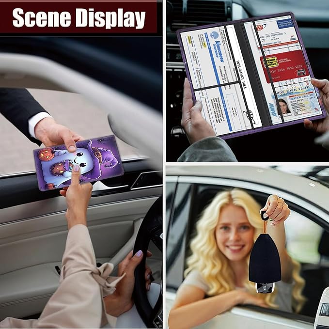 Car Registration Holder, PU Leather Vehicle Glove Box Organizer for Driver License, Document, Car Insurance Holder with Magnetic Shut, Auto Paperwork Wallet Case Accessories, Cute Ghost + Witch Hat