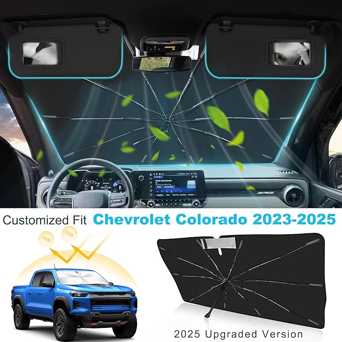 2025 Upgrade Windshield Sun Shade Umbrella Custom Fit Chevrolet Colorado 2023-2025 Foldable UV Protection Car Cover, Emergency Rain Shield & Dashboard Protector - Durable Auto Accessory