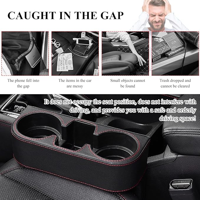 Car Cup Holder Gap Filler Organizer, Multifunctional Auto Front Console Gap Filler with Cup Holder, Leather Extra Cup Holder Storage Box for Car Truck SUV, Car Accessories (Black)