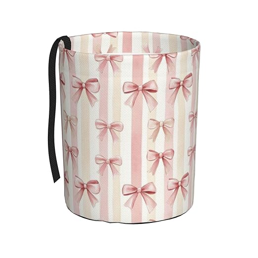 Pink Ribbon Bow Striped Car Trash Can Leak-Proof Waterproof Hanging Trash Bin Collapsible Garbage Can for Car Accessories Travelling Camping