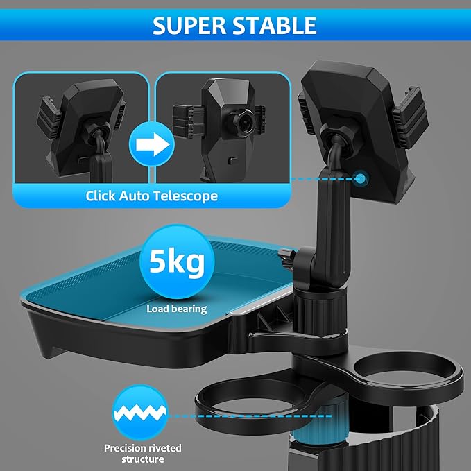 Car Cup Holder Extender Tray, 5-in-1 Removable Car Food Tray, Three Cup Holders and Width Adjustable Swivel Phone Holder, Additional widening Pads Make it Suitable for Most car Models