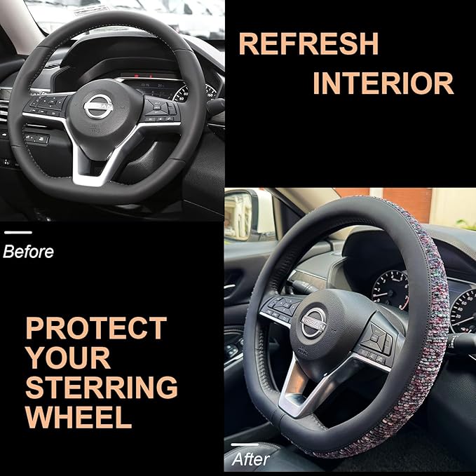 PINCTROT D Shaped Chenille Leather Steering Wheel Cover, Soft Mottled Colors, Sweat-Proof, Non-Slip Grip, All-Season Comfort, Flat Bottom 14.5-15 Inch(Mottled Purple)