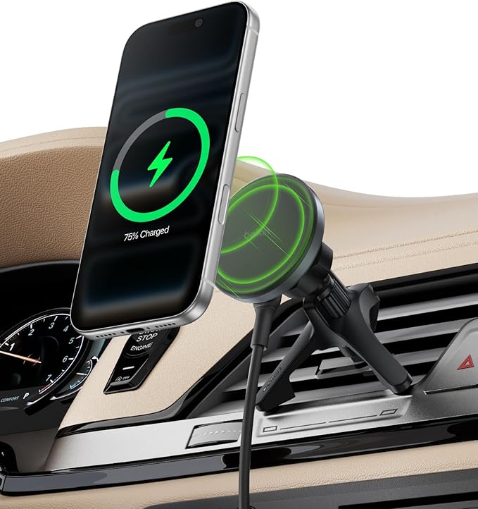 Belkin Wireless Car Charger, Magnetic Car Vent Mount w/ 3.3ft USB C Cable, Qi2 MagSafe Compatible Fast Charging iPhone Charger for iPhone 17, Galaxy S26, Pixel 10, & More - Travel Accessories - Black