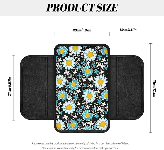 CLOHOMIN Blue Daisy Car Center Console Cover with Side Pockets Butterfly Car Arm Rest Cushion Pad Auto Interior Accessories Easy to Install Auto Armrest Cover Pad