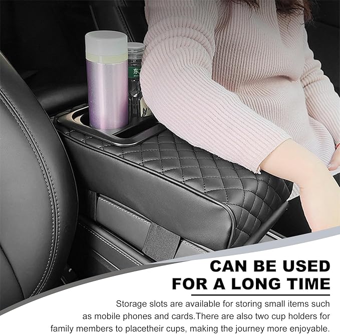 Car Center Console Armrest Pillow, 14.0"×8.3" Soft Memory Foam Armrest Cushion with Cup Holder Storage Bag, Waterproof Leather Vehicle Arm Rest Booster Pad for Most Cars (Diamond Pattern)
