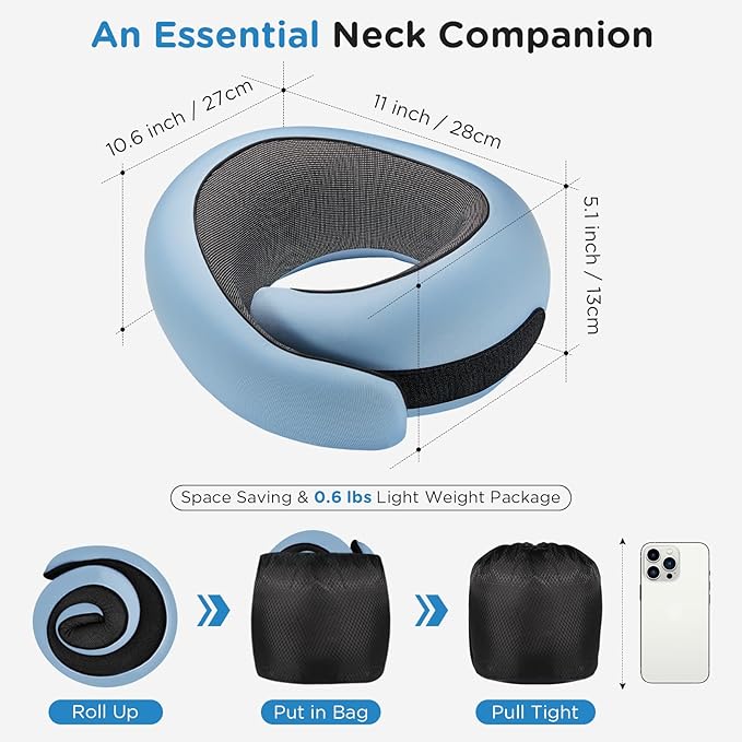 4litamz Travel Neck Pillows, 100% Memory Foam Filling, Travel Pillows for Airplanes, Compact and Ergonomic Design, Best for Sleeping Plane Train Travel Essentials (Light Blue)