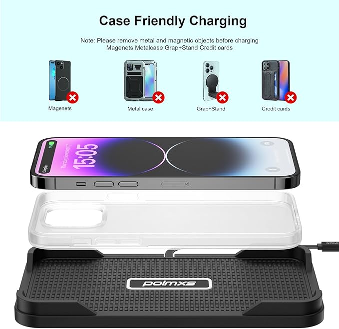 Wireless Charger Car Charging pad,Polmxs 15W Fast Wireless Phone Charger Cell Phone Cordless Charging mat Compatible with iPhone 11/12/12/14/15 Galaxy S21/S22/S23/24 (C12Y)