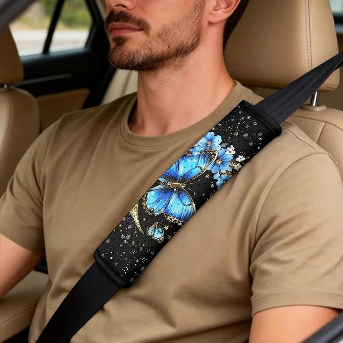 Qeluxign 5 Piece Car Accessories Set with 2 PU Leather Seat Covers, Butterfly Moon Star Floral 2 Belt Pads & 1 Armrest Cover Fit for Most Vehicles Easy Install & Clean